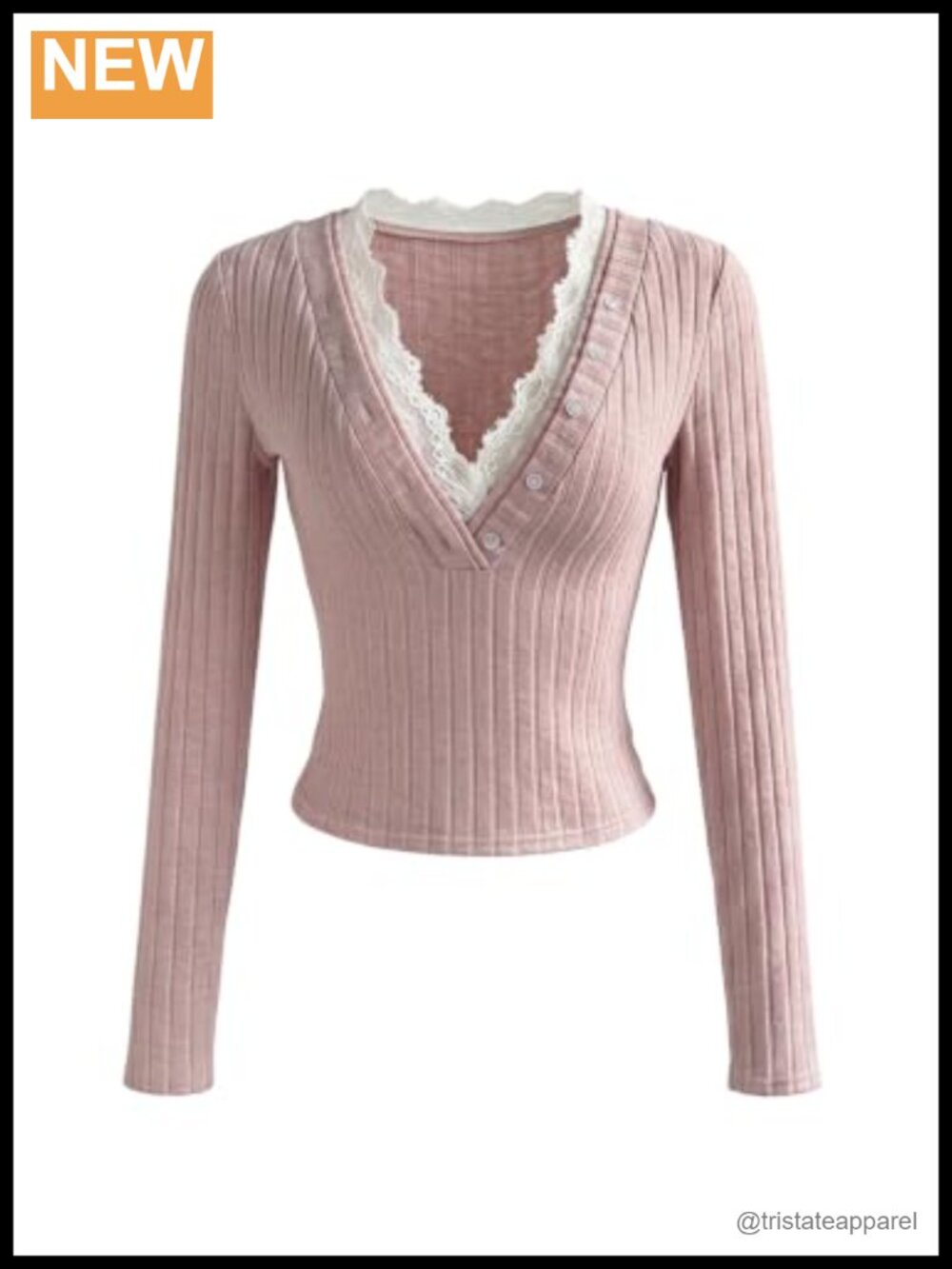 SweatyRocks Lace Trim Long Sleeve Button Up V Neck Fitted Knit Top